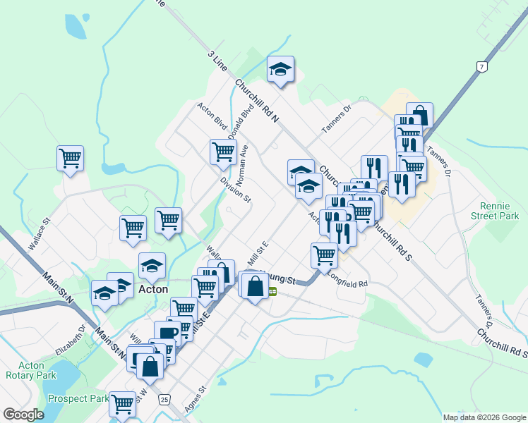 map of restaurants, bars, coffee shops, grocery stores, and more near 20 Rosemary Road in Halton Hills