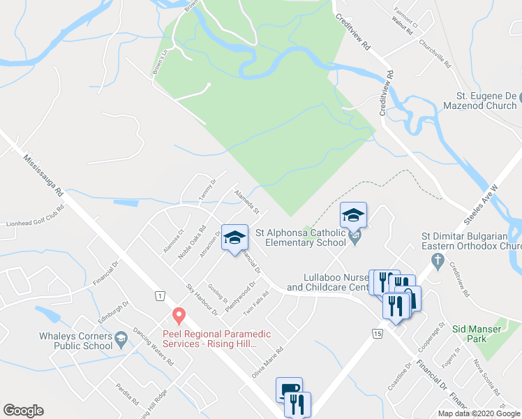 map of restaurants, bars, coffee shops, grocery stores, and more near 1 Alameda Street in Brampton