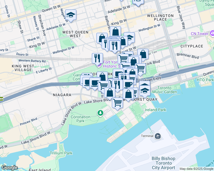 map of restaurants, bars, coffee shops, grocery stores, and more near 38 Grand Magazine Street in Toronto