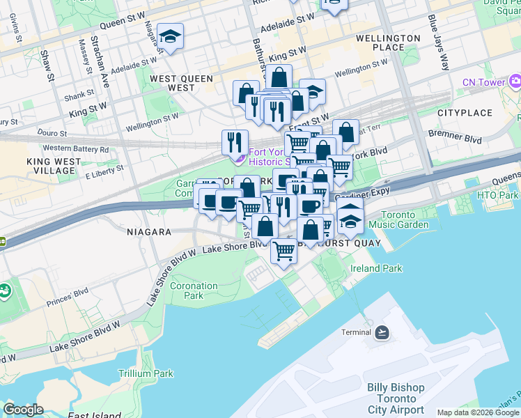 map of restaurants, bars, coffee shops, grocery stores, and more near 38 Grand Magazine Street in Toronto