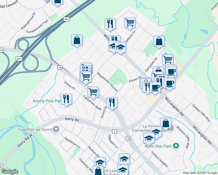 map of restaurants, bars, coffee shops, grocery stores, and more near 641 Macbeth Heights in Mississauga