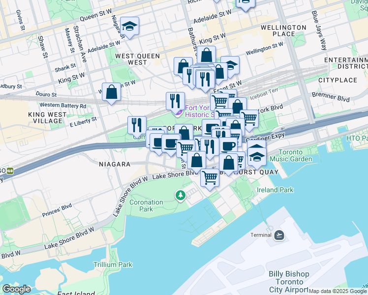 map of restaurants, bars, coffee shops, grocery stores, and more near 39 Bastion Street in Toronto