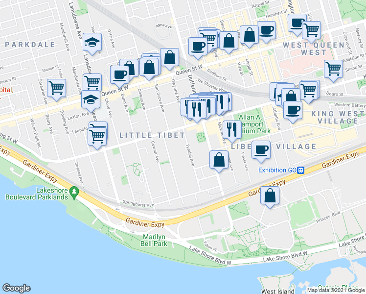 map of restaurants, bars, coffee shops, grocery stores, and more near 118 Tyndall Avenue in Toronto