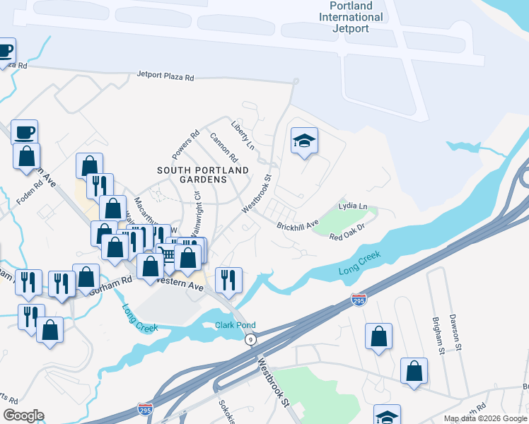 map of restaurants, bars, coffee shops, grocery stores, and more near 2 Townhouse Drive in South Portland