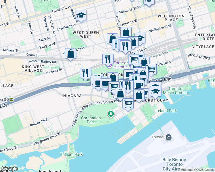 map of restaurants, bars, coffee shops, grocery stores, and more near 209 Fort York Boulevard in Toronto