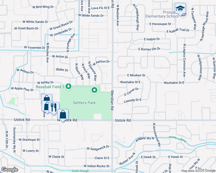 map of restaurants, bars, coffee shops, grocery stores, and more near 3642 North Staunton Place in Meridian