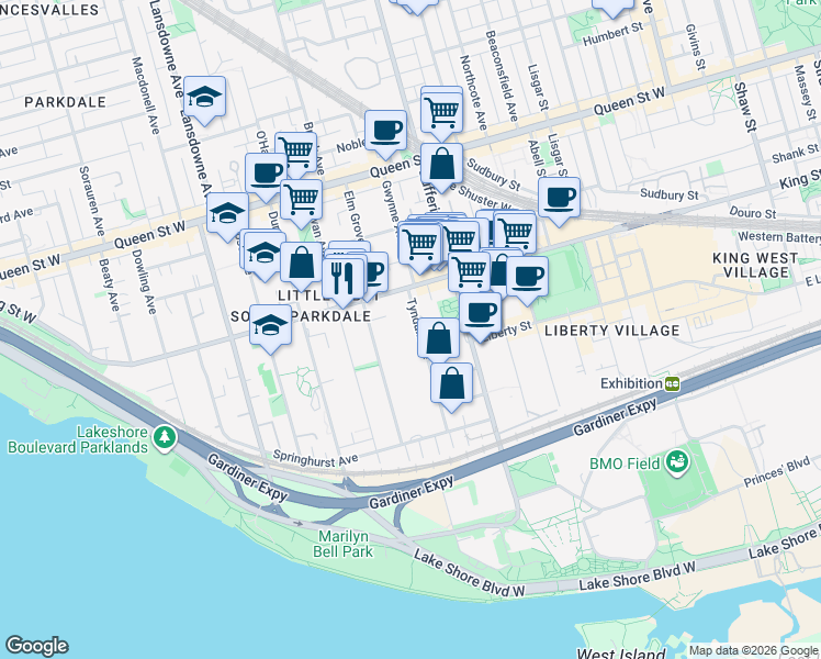 map of restaurants, bars, coffee shops, grocery stores, and more near 118 Tyndall Avenue in Toronto