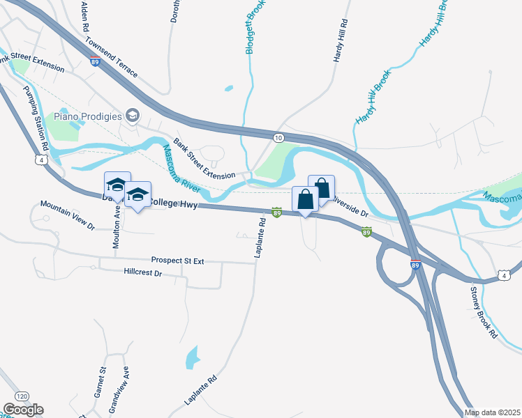 map of restaurants, bars, coffee shops, grocery stores, and more near 17 Riverside Drive in Lebanon