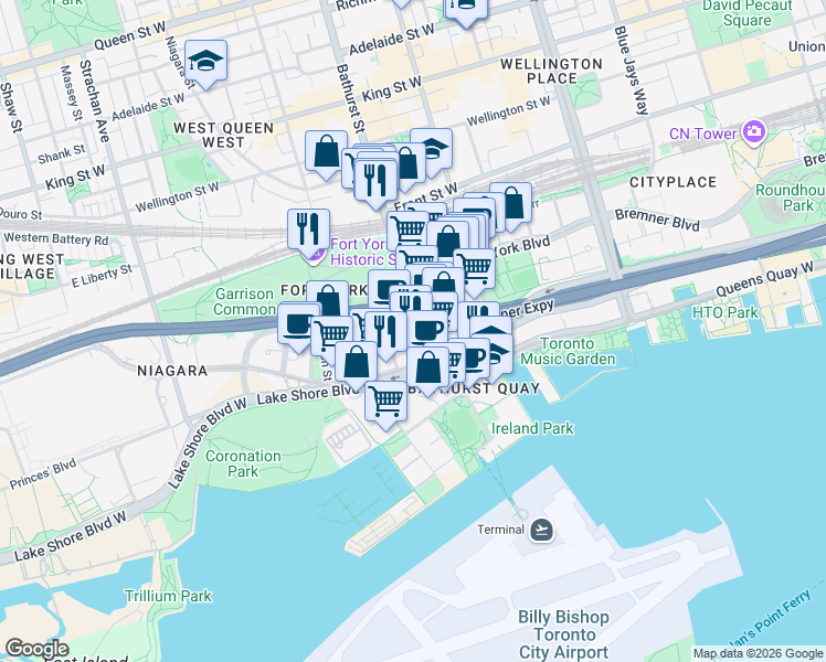 map of restaurants, bars, coffee shops, grocery stores, and more near 1/2 Bathurst Street in Toronto