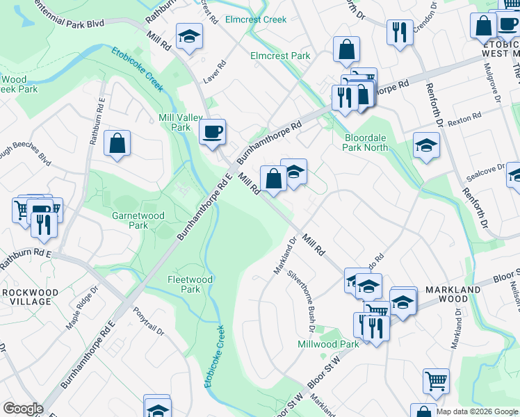 map of restaurants, bars, coffee shops, grocery stores, and more near in Toronto