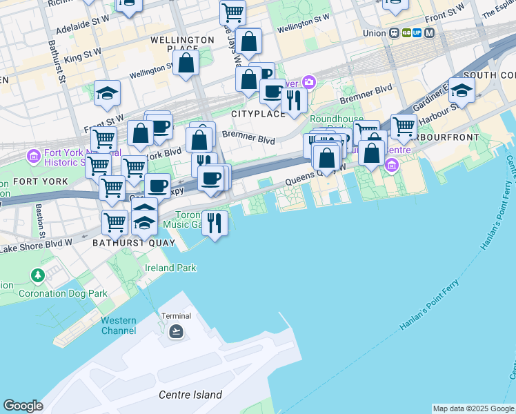 map of restaurants, bars, coffee shops, grocery stores, and more near 360 X Queens Quay West in Toronto