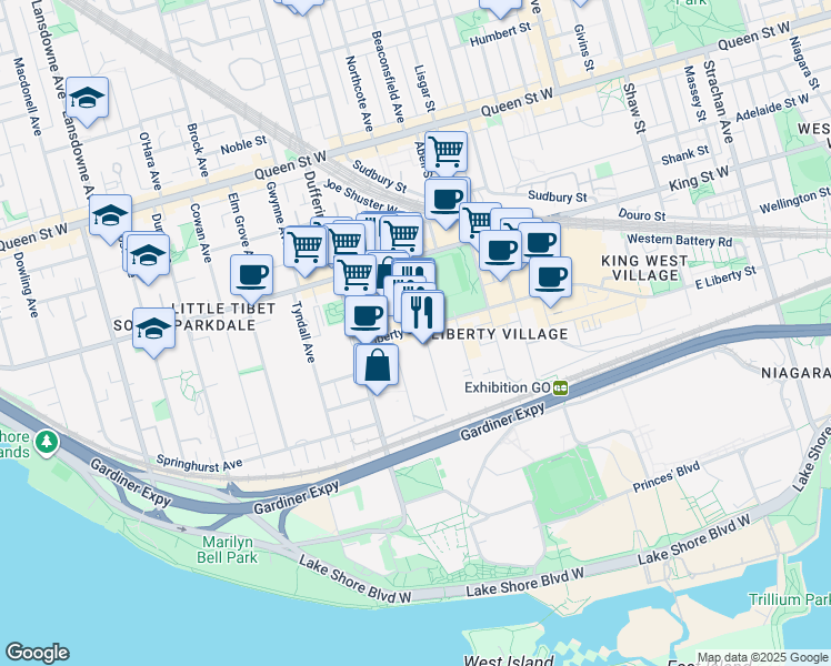 map of restaurants, bars, coffee shops, grocery stores, and more near in Toronto
