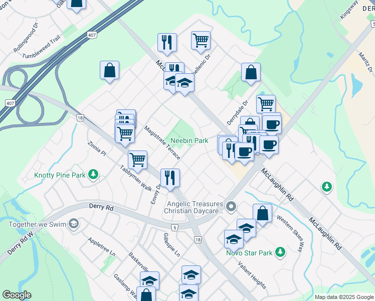 map of restaurants, bars, coffee shops, grocery stores, and more near Kaiser Drive in Mississauga