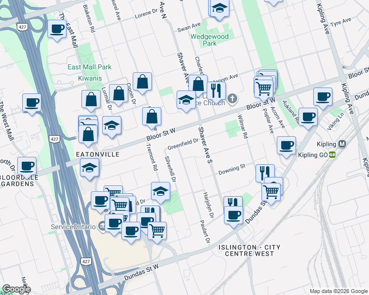 map of restaurants, bars, coffee shops, grocery stores, and more near in Toronto