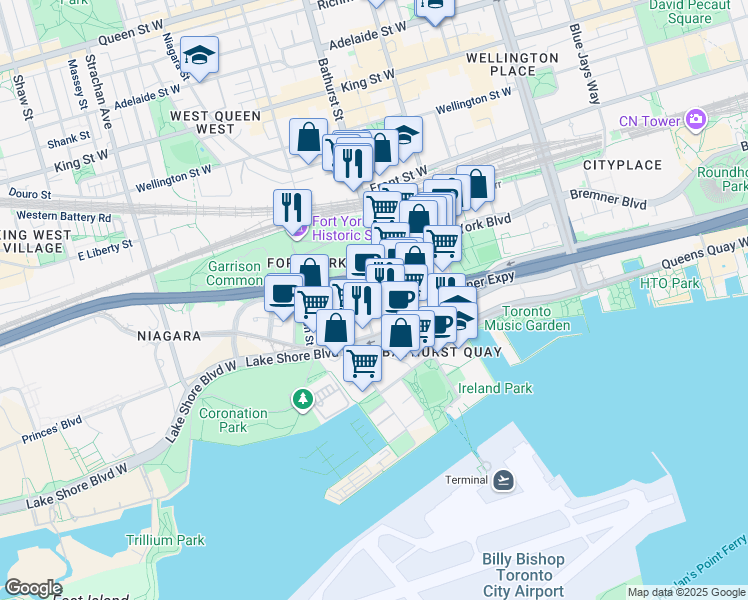 map of restaurants, bars, coffee shops, grocery stores, and more near 20 Bruyeres Mews in Toronto