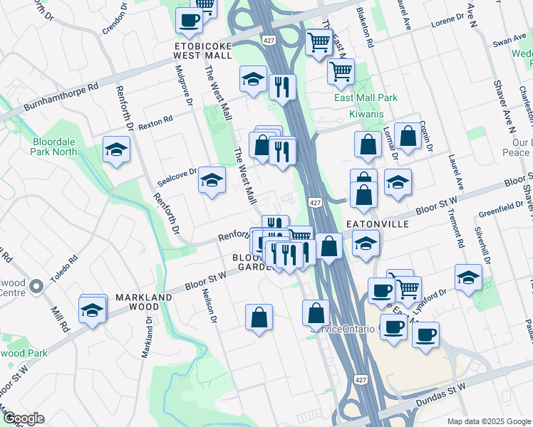 map of restaurants, bars, coffee shops, grocery stores, and more near 329 The West Mall in Toronto