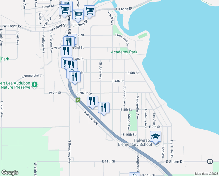 map of restaurants, bars, coffee shops, grocery stores, and more near 414 East 6th Street in Albert Lea