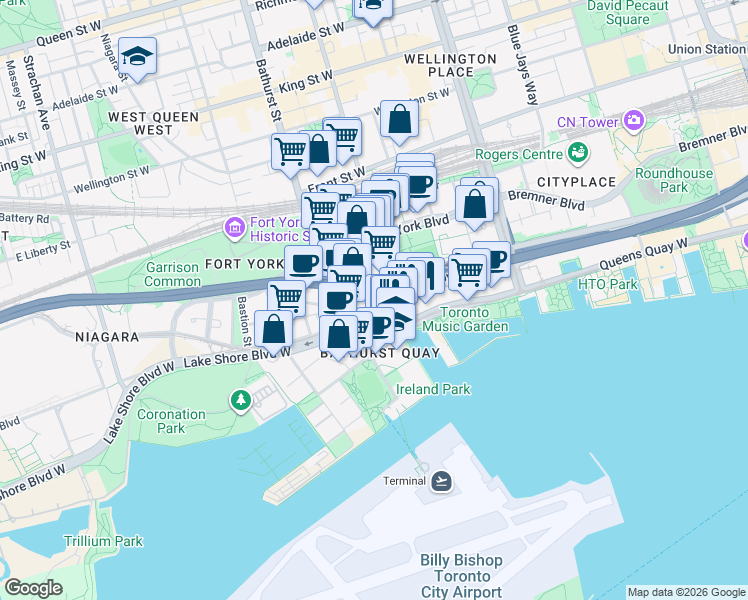 map of restaurants, bars, coffee shops, grocery stores, and more near 38 Dan Leckie Way in Toronto
