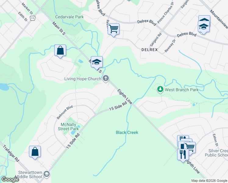 map of restaurants, bars, coffee shops, grocery stores, and more near 13931 Cromar Court in Halton Hills