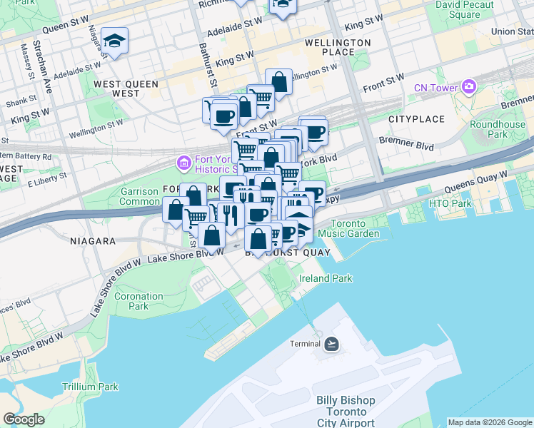 map of restaurants, bars, coffee shops, grocery stores, and more near 17 Bathurst Street in Toronto