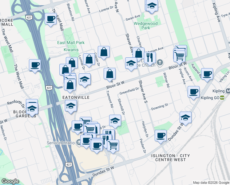 map of restaurants, bars, coffee shops, grocery stores, and more near 20 Silverhill Drive in Toronto