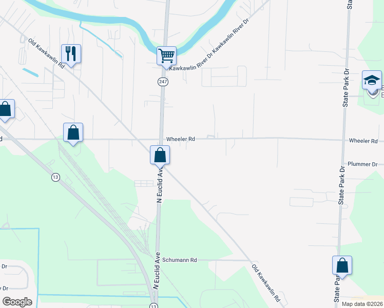 map of restaurants, bars, coffee shops, grocery stores, and more near 3550 Wheeler Road in Bay City