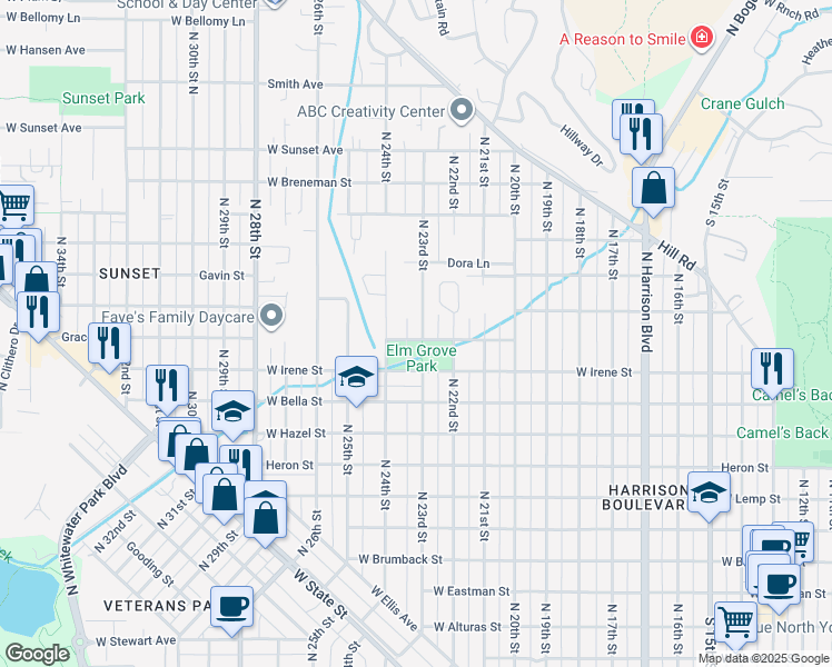 map of restaurants, bars, coffee shops, grocery stores, and more near 1901 North 23rd Street in Boise