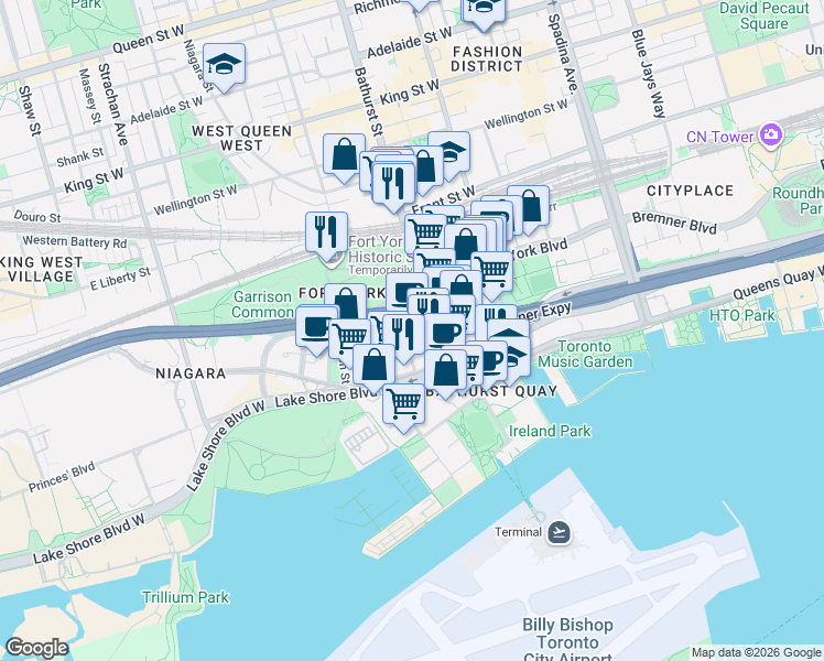 map of restaurants, bars, coffee shops, grocery stores, and more near 20 Bruyeres Mews in Toronto