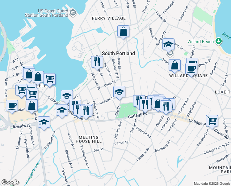 map of restaurants, bars, coffee shops, grocery stores, and more near 198 Mussey Street in South Portland