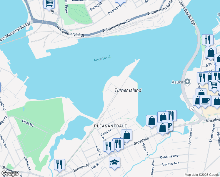 map of restaurants, bars, coffee shops, grocery stores, and more near 22 Mechanic Street in South Portland