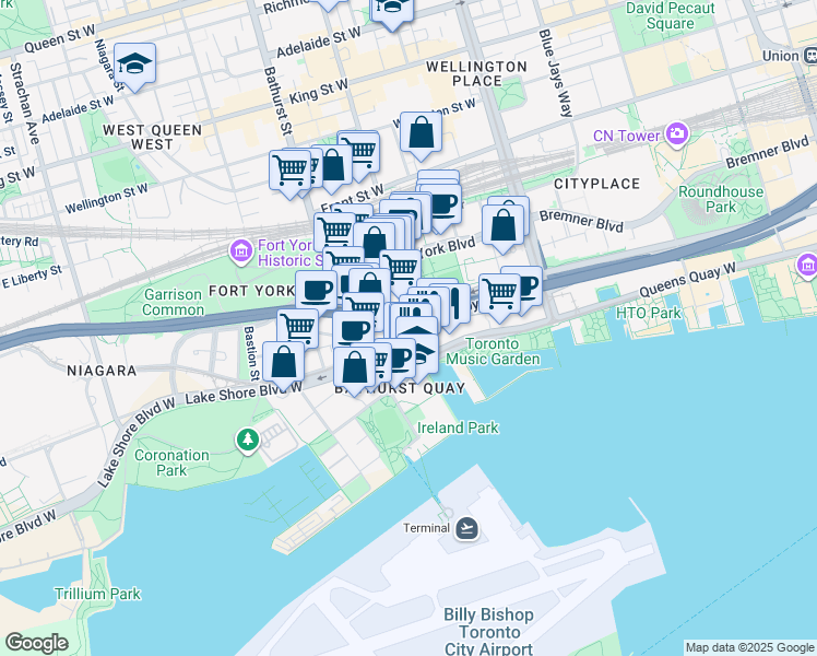 map of restaurants, bars, coffee shops, grocery stores, and more near in Toronto