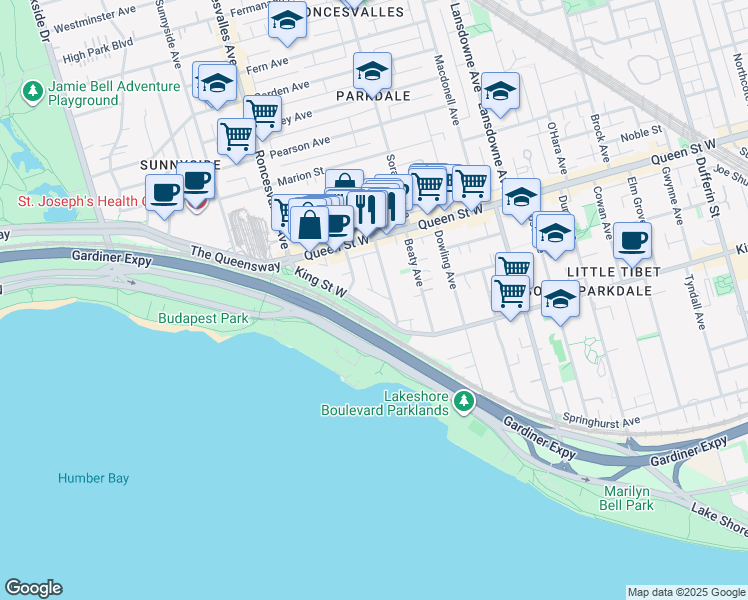 map of restaurants, bars, coffee shops, grocery stores, and more near in Toronto