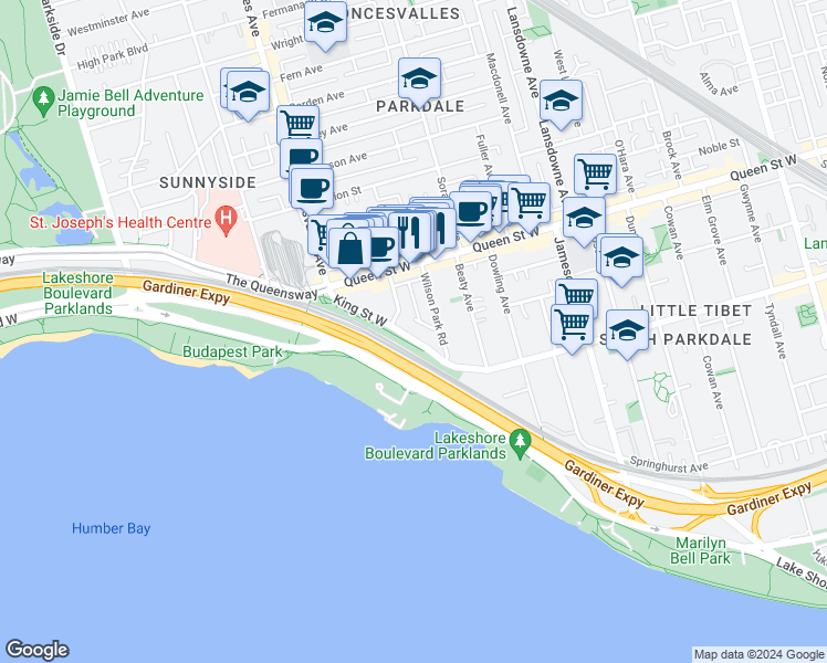map of restaurants, bars, coffee shops, grocery stores, and more near in Toronto