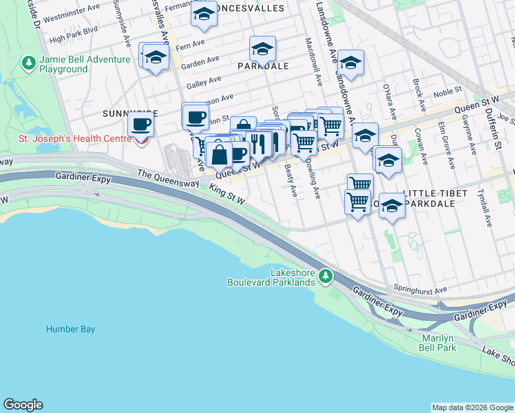 map of restaurants, bars, coffee shops, grocery stores, and more near 1540 King Street West in Toronto