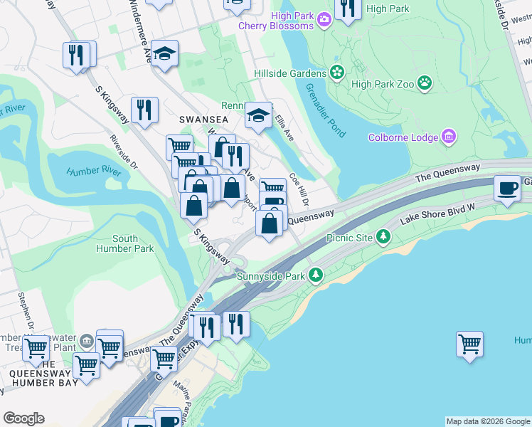 map of restaurants, bars, coffee shops, grocery stores, and more near 1 Palace Pier Court in Toronto