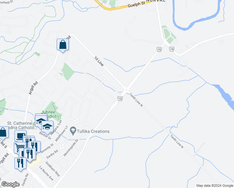 map of restaurants, bars, coffee shops, grocery stores, and more near 10000-10098 10 Line in Halton Hills