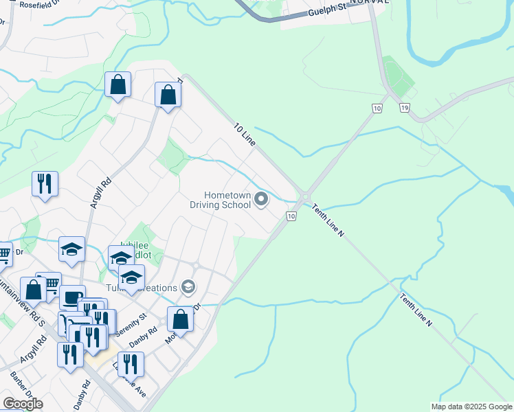 map of restaurants, bars, coffee shops, grocery stores, and more near Danby Road in Halton Hills