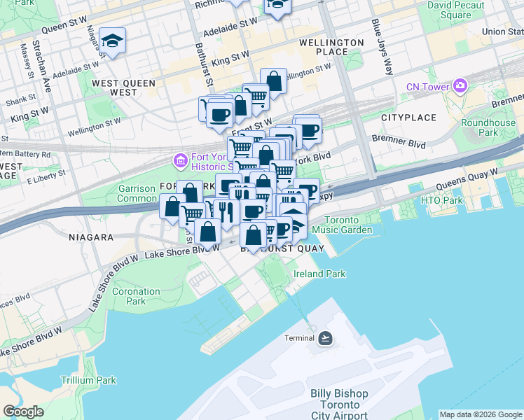 map of restaurants, bars, coffee shops, grocery stores, and more near 17 Bathurst Street in Toronto