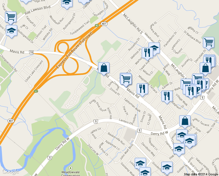 map of restaurants, bars, coffee shops, grocery stores, and more near 7288 Zinnia Place in Mississauga