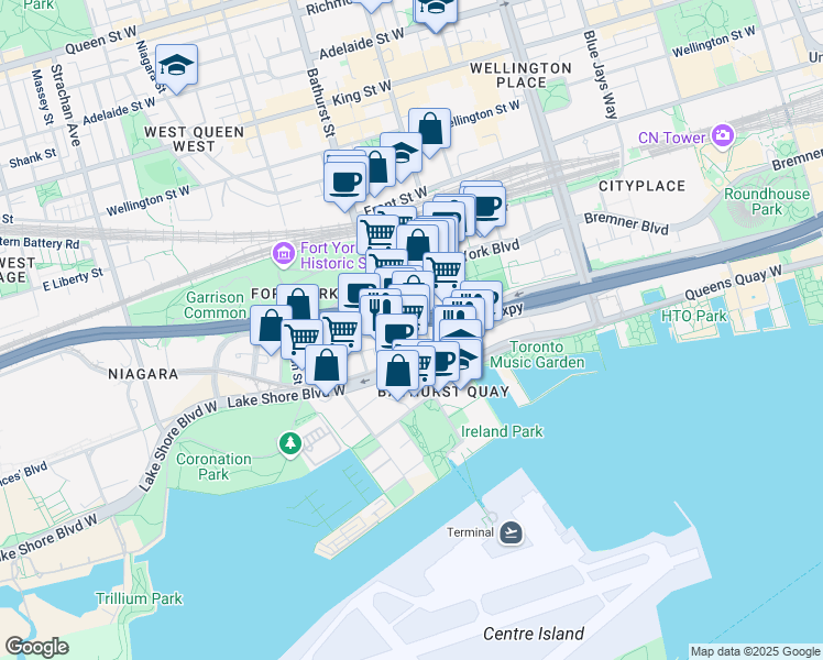 map of restaurants, bars, coffee shops, grocery stores, and more near 17 Bathurst Street in Toronto