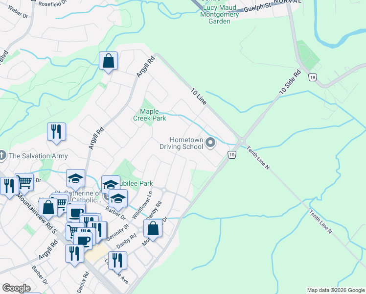 map of restaurants, bars, coffee shops, grocery stores, and more near 140 Branigan Crescent in Halton Hills