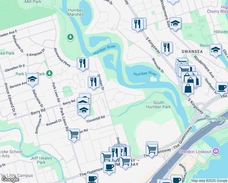 map of restaurants, bars, coffee shops, grocery stores, and more near 157 Berry Road in Toronto