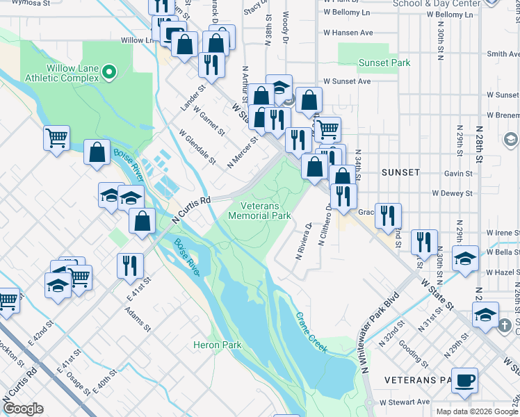 map of restaurants, bars, coffee shops, grocery stores, and more near 930 Veterans Memorial Parkway in Boise