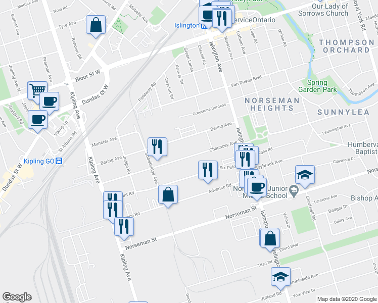 map of restaurants, bars, coffee shops, grocery stores, and more near in Toronto