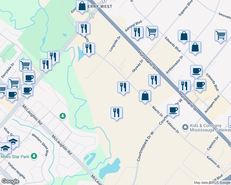 map of restaurants, bars, coffee shops, grocery stores, and more near 6800 Maritz Drive in Mississauga