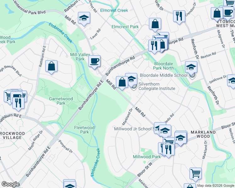 map of restaurants, bars, coffee shops, grocery stores, and more near 284 Mill Road in Toronto