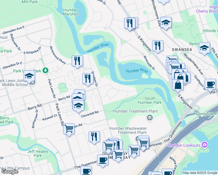map of restaurants, bars, coffee shops, grocery stores, and more near 12 River Valley Crescent in Toronto