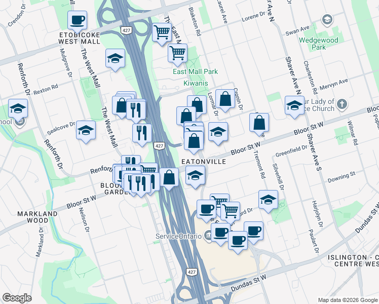 map of restaurants, bars, coffee shops, grocery stores, and more near 10 Gibbs Road in Toronto