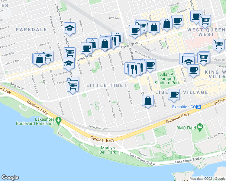 map of restaurants, bars, coffee shops, grocery stores, and more near 116 Spencer Avenue in Toronto