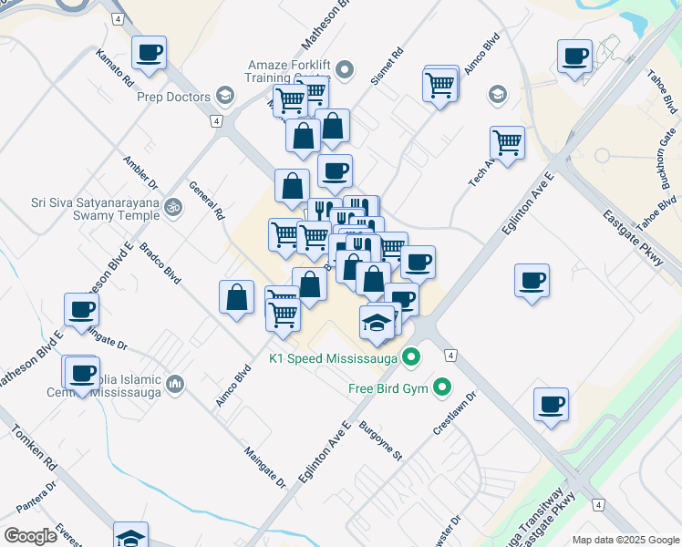 map of restaurants, bars, coffee shops, grocery stores, and more near 5150 Dixie Road in Mississauga